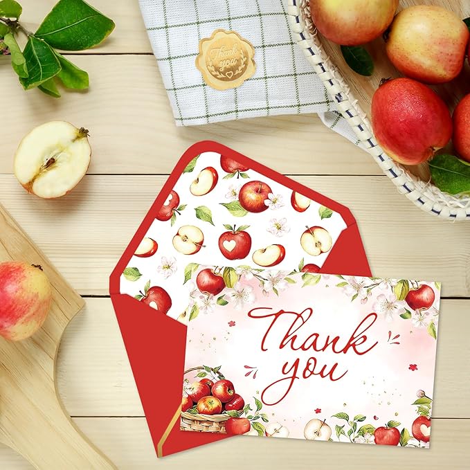 Whaline 24 Pack Apples Floral Thank You Card Greeting Cards with Envelopes Stickers Apples Flower Blank Note Cards for Birthday Baby Shower Party Supplies