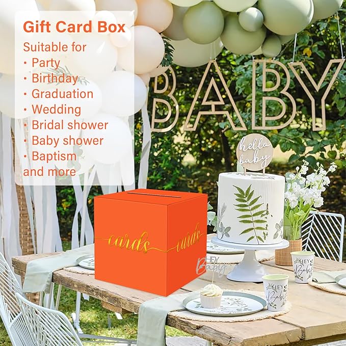 1 Pack Orange and Gold Foil Card Box for Party, 8.7" Orange Gift Card Box for Birthday, Wedding, Baby Shower, Retirement, Anniversary, Graduation, Raffle Ticket, Halloween, Thanksgiving