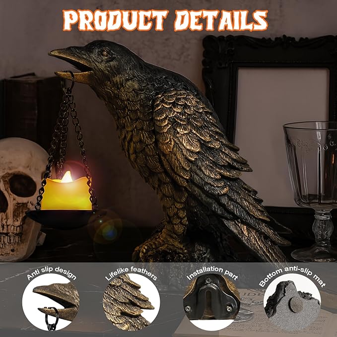 Halloween Decorations Outdoor Indoor Gothic Crow Wall Decor Table Candle Holder Raven Tealight Statue for Yard Patio Garden Bedroom Wearing Gold