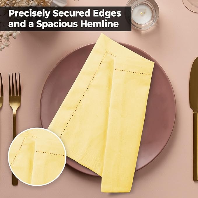 Urban Villa Cloth Napkins Yellow Hemstitch Dinner Napkins Set of 12 20X20 Inches 100% Cotton Absorbent Washable Durable Reusable Ideal for Farmhouse Party Thanksgiving Harvest Fall Dinner Napkins