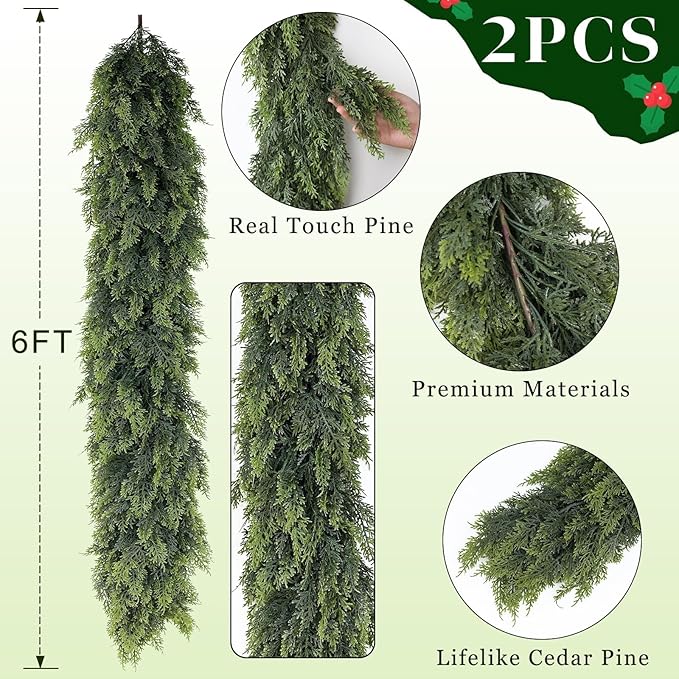 Real Touch Christmas Cedar Garland -6ft Artificial Garlands Faux Cedar Fake Pine Needles Garland for Fireplace,Table,Window,Stairs,Mante,Holiday Indoor Outdoor Xmas Decor(2PCS)