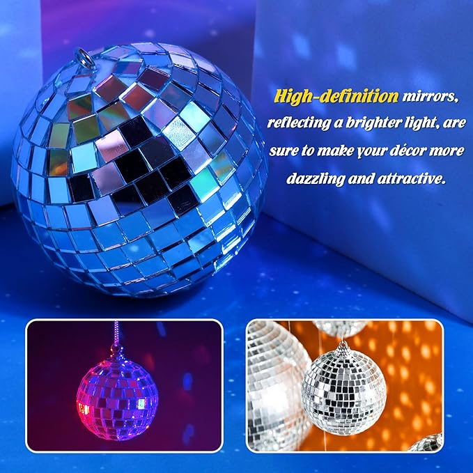 40 Pcs Disco Balls with Rope, 5 Sizes Mini Disco Ball Decor Ornaments, Small MirrorBall Different Sizes Silver Decorations for Halloween DIY Christmas Tree Topper Music Prom Party Wedding