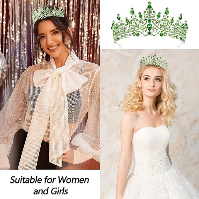 VELSCRUN Birthday Queen Tiara Crowns for Women Girls Green Crystal Birthday Queen Headband Sash Elegant Princess Crown Happy Birth Party Decorations Mom Sisters Birth Gift Hair Accessories