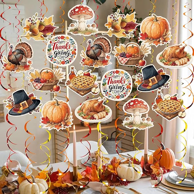Thanksgiving Hanging Swirl Set Party Decorations, 48 Pcs, Autumn Theme Pumpkin Maple Leaf Turkey Party Supplies Sign,Orange Brown Red