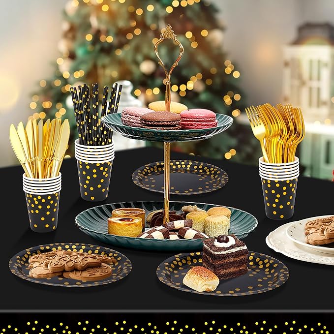 Sylken 186 Pieces Black and Gold Party Tableware Set - 25 Guests Paper Plates, Napkins,Paper Cups, and Tableware for Wedding Shower,graduations,cocktail parties,New Year Party,Birthday etc.