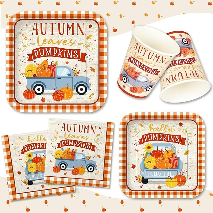 Fall Theme Party Supplies Kit, Serves 25: Complete Autumn Harvest Disposable Dinnerware Set - Includes Dinner & Plates, Napkins, Cups & Tablecloth. Thanksgiving/Autumn Party Decorations.
