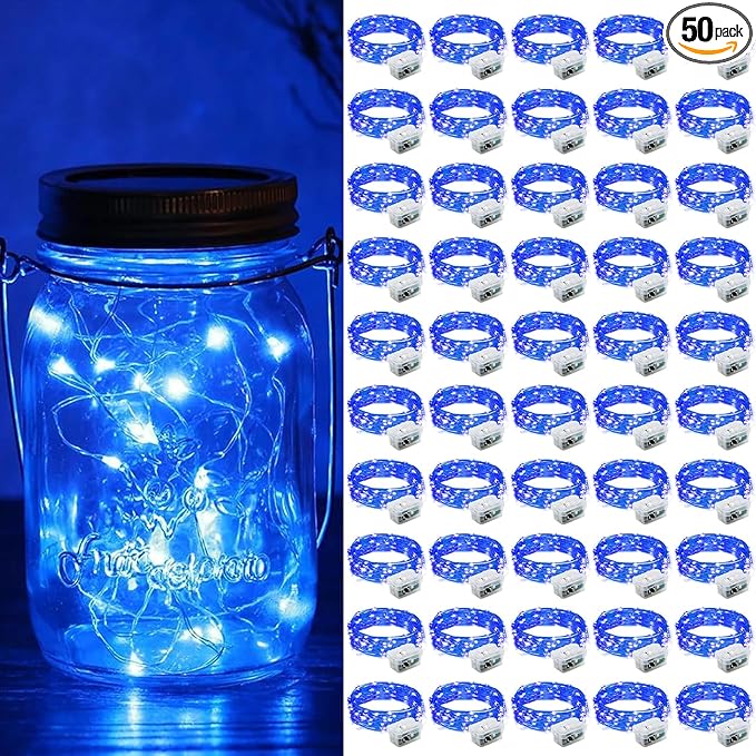 ZGWJ 50 Pack Fairy Lights Battery Operated, 7ft 20 Mini LED Fairy String Lights Silver Wire 3 Modes for DIY, Parties, Wedding, Bedroom, Halloween Christmas Decoration Blue