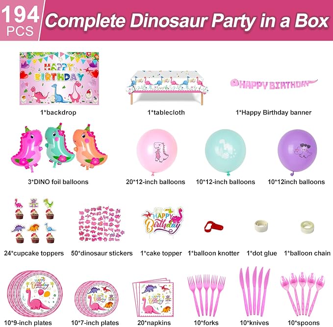 194 PCS Pink Dinosaur Party Decorations for Girls, Dinosaur Birthday Party Supplies Includes Dino Balloons, Backdrop, Happy Birthday Banner, Tablecloth, Plates, Napkins, Cake Toppers
