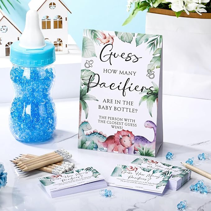 Roowest 512 Pcs Baby Shower Games Guess How Many Pacifiers Sign 100 Small Guessing Games 10 HB Pencils 750ml Milk Bottle 400 Acrylic Pacifiers Decoration for Guest Gender Reveal(Cute,Dinosaur)