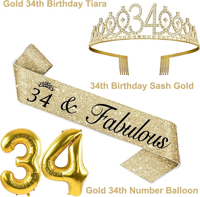 34th Birthday Decorations for Women Gold with 34th Birthday Sash and Crown, Cake Topper and Candles, Number Balloons, 34 Year Old Gifts for Women