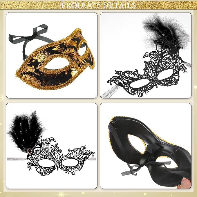 Sratte Couple Masquerade Mask with Feather Flower Unisex Half Face Venetian Mask for Mardi Gras Party