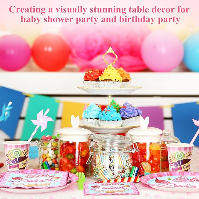 250 Pcs Candyland Party Decorations Sweet Candy Lollipop Paper Plates Cups and Napkins Disposable Halloween Sweet Candy Themed Tableware Set for Baby Shower Birthday Party Supplies Serves 50