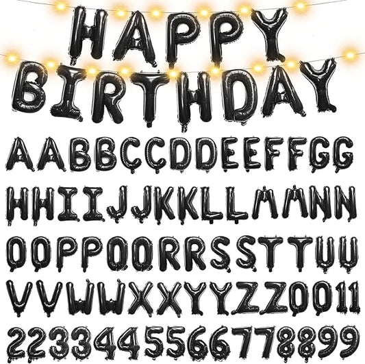 [85 PCS] 16" Foil Personalized Name Happy Birthday Balloons Letters, Mylar Aluminum Custom Name and Age Letter Balloons, 2 Sets A- Z & 0-9 for Birthday Party Graduation Wedding Holiday Event (Black)