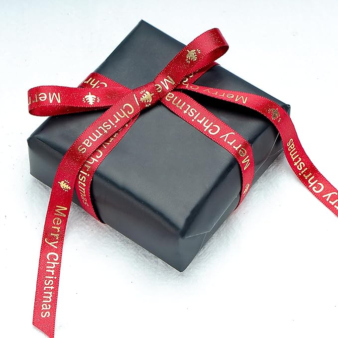 Christmas Ribbon,Red Satin Ribbon with Gold Pattern,Use for Christmas Craft,Gift Wrapping,Home Decor,3/8 Inches Total 50 Yards,Red/Green/Gold (Red, 3/8 inch*50 Yard)