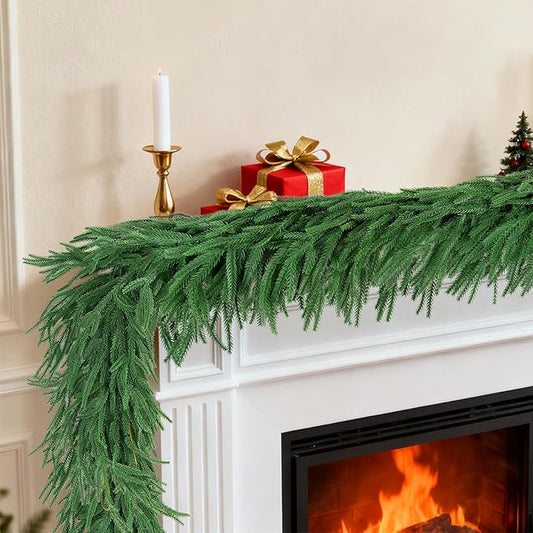 12 FT (2 * 6FT) Norfolk Pine Garland Artificial, Realistic Christmas Greenery for Mantle Table Wall, Real Touch Winter Pine Garland for Christmas Indoor Outdoor Decor (80 Branches)