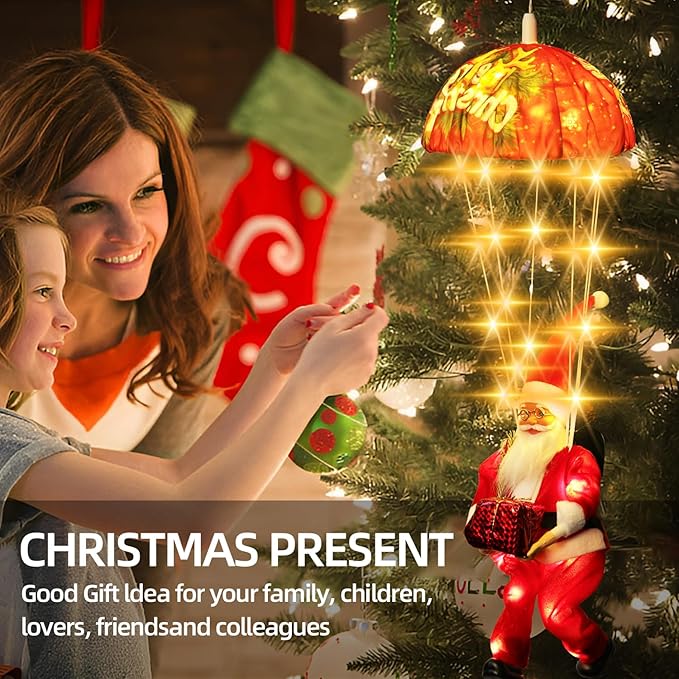 Xmas Santa Claus Parachute Lights - 105 LED 8 Modes 3AA Battery Operated, Warm White Hanging Christmas Decorative Lights for Indoor Outdoor Porch Garden Party Yard