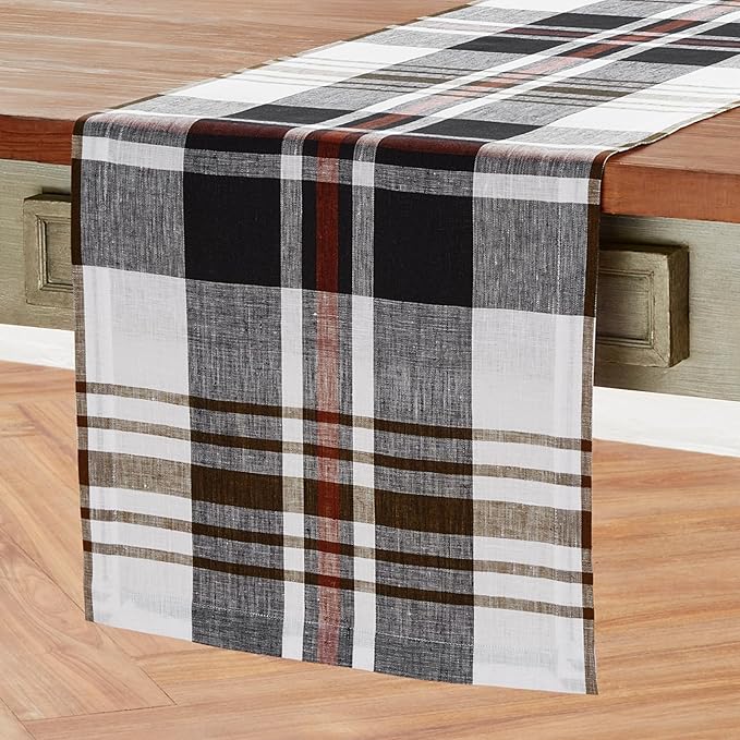 Solino Home Linen Fall Table Runner 90 Inches Long - 100% Pure Linen Black Oxford Plaid Table Runner 14 x 90 Inch for Dining, Autumn, Thanksgiving, Holiday