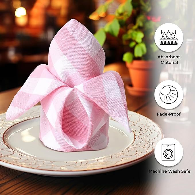 Urban Villa Cloth Napkins 100% Cotton Dinner Napkins Highly Absorbent 20x20 Inches (Set of 12) Pink White Buffalo Checks Reusable Washable Soft Durable Premium Napkins Ideal for Home Wedding Parties