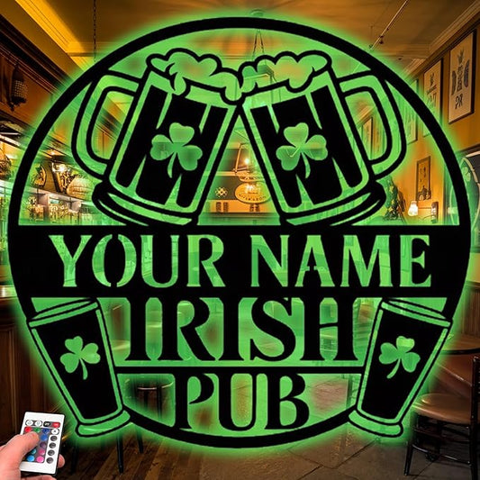 Irish Pub Metal Sign - Custom Bar LED Wall Art, Vintage Metal Plaque for Tavern, Basement, Man Cave, St. Patrick’s Day Gifts for Men, Dad, Papa, Husband, Beer Lovers