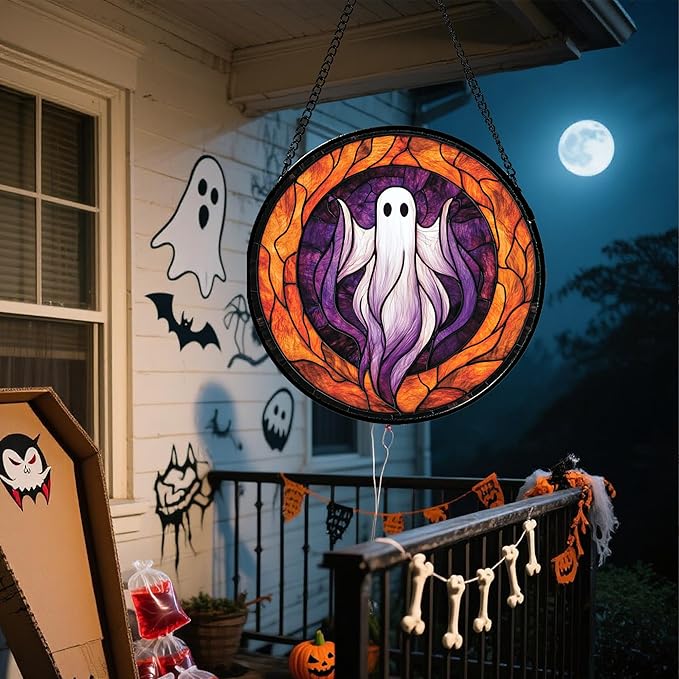 Stained Glass Window Hanging - Halloween Decorations White Purple Ghost Suncatcher for Doors Garden Indoor Spooky Funny Sun Catchers Gothic Decor Horror Gifts for Women Men Friend 9.8 in