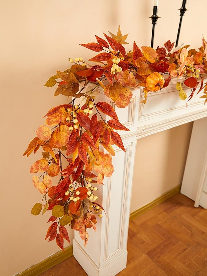 Thanksgiving Decorations - Clycaloor 13FT Fall Garland Maple Leaf, Artificial Autumn Hanging Vine Garland Thanksgiving Decor for Home Wedding Fireplace Party Christmas Halloween