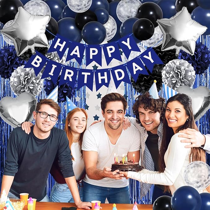 ZERODECO Birthday Party Decorations for Men, Black Navy Blue Silver Happy Birthday Banner Pompoms Balloon Arch Fringe Curtain Party Décor for Men Boys Women Girls Party Decorations Kit