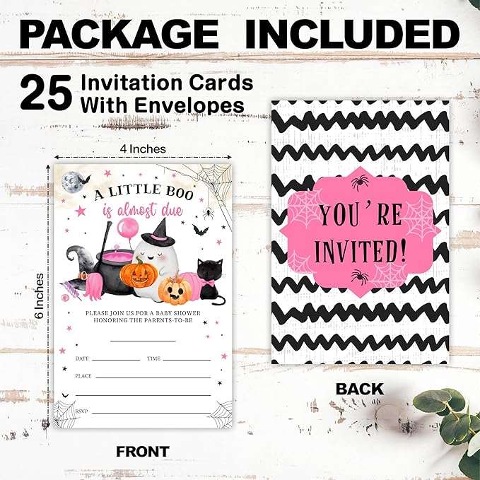 25 Halloween Baby Shower Invitation Cards, A Little Boo Is Almost Due, Adorable Halloween Elements Invites With Envelopes, Gender Reveal, Baby Announcement Party Favor & Supplies (Pink A08)