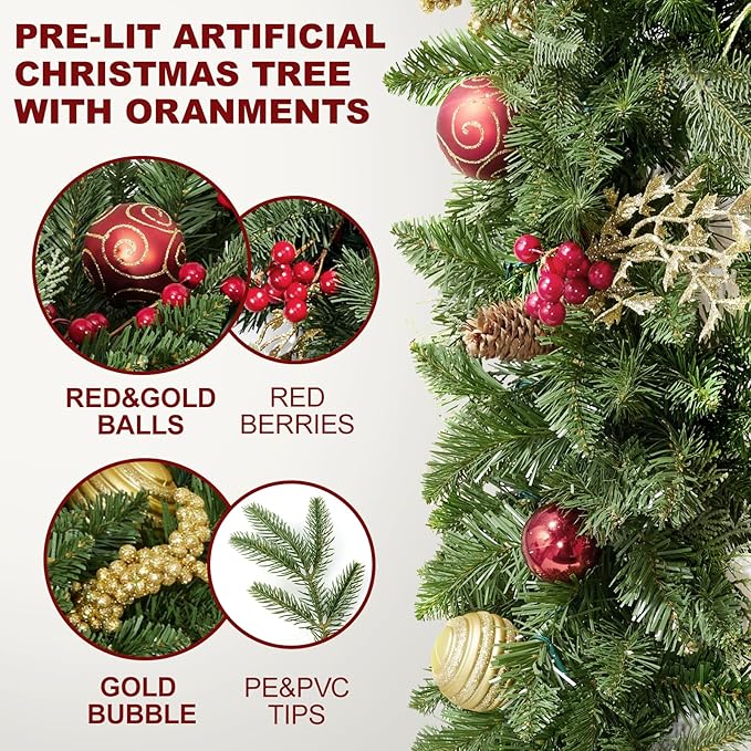 9FT Artificial Christmas Prelit Garland with 50 White Light, Pulg in, Pine Cones, Gold and Red Ball, Red Berris Mantle for Indoor Holiday Door Home Decorations Stairs Fireplaces Wall