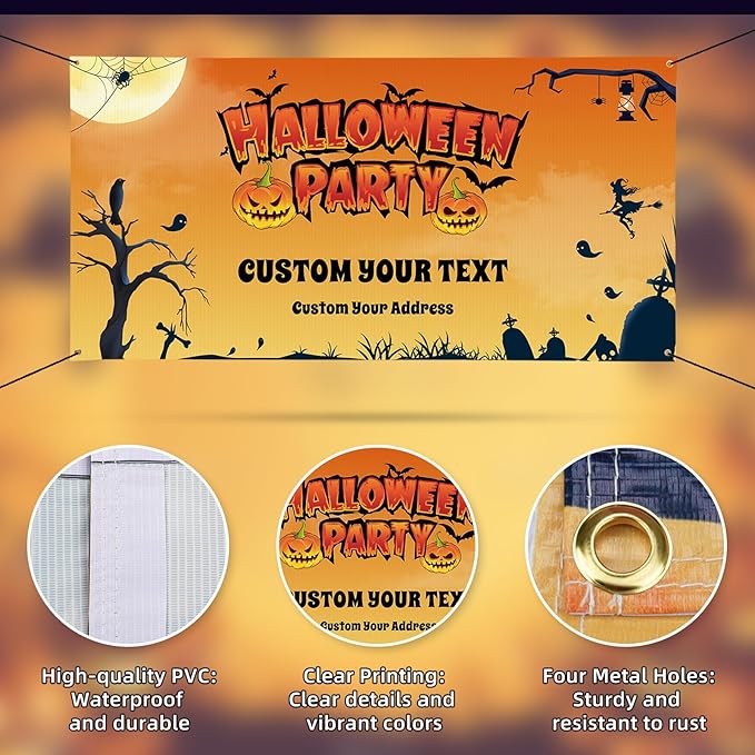 Custom Halloween Banner, Personalized Sign Banner for Outside Indoor, Custom Banner Backdrop Decorations for Wall Halloween Party