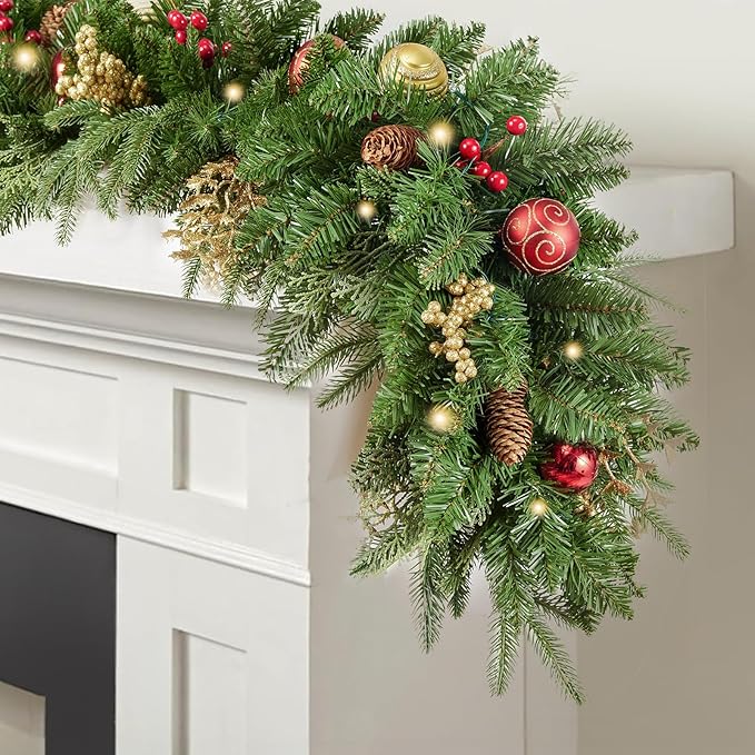9FT Artificial Christmas Prelit Garland with 50 White Light, Pulg in, Pine Cones, Gold and Red Ball, Red Berris Mantle for Indoor Holiday Door Home Decorations Stairs Fireplaces Wall