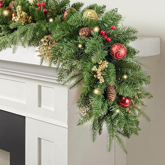 9FT Artificial Christmas Prelit Garland with 50 White Light, Pulg in, Pine Cones, Gold and Red Ball, Red Berris Mantle for Indoor Holiday Door Home Decorations Stairs Fireplaces Wall