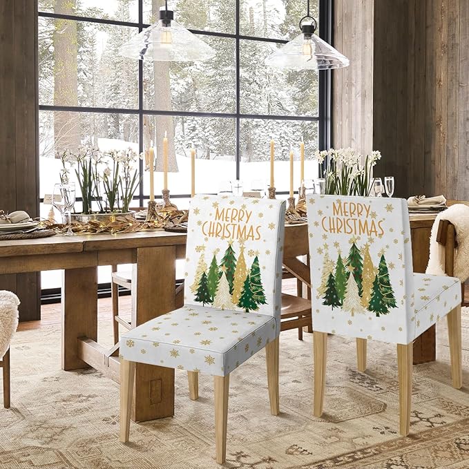 Horaldaily 8PCS Christmas Dining White Chair Covers, Christmas Pine Tree Stars Stretch Removable Washable Slipcover Chair Protector for Dining Room Home Decor