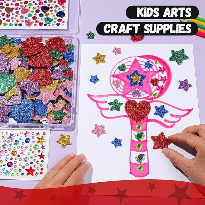 YGDZ Glitter Foam Stickers Set, Colorful Self Adhesive Stars Heart Gems Sticker for Kids Crafts, Rhinestones Jewel Home Decorations, for Cheer Pins, Craft Supplies for Kids