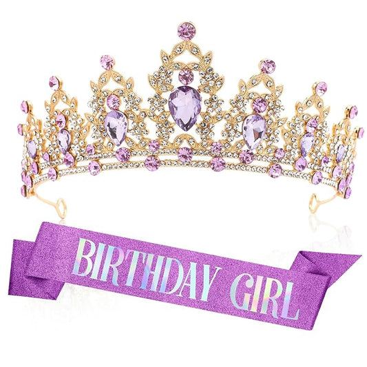 Birthday Crown Headband and Tiara - Adult Purple Crystal Crown with Sash