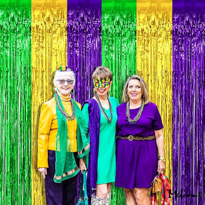 4 Pack 3.2Ft x 9.8Ft Mardi Gras Fringe Curtain Backdrop, Gold Green Purple Metallic Tinsel Foil Fringe Streamers Curtains Background for Photo Booth Birthday Wedding Carnival Party Decorations