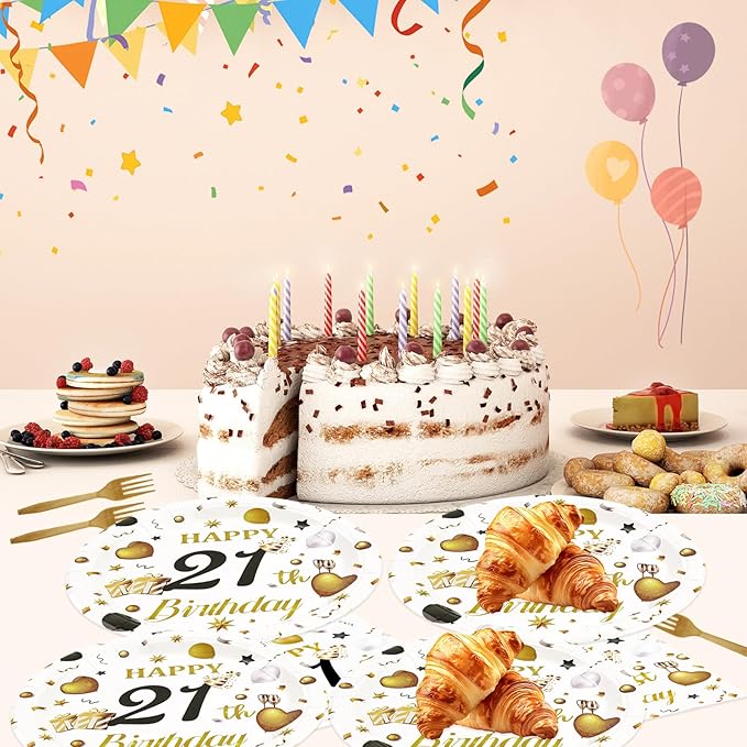 75PCS 21st Birthday Paper Plates and Napkins Party Decorations, 7 Inch White and Gold 21st Birthday Plates Napkins Cheers to 21 Years Tableware Set Party Supplies for Her Him
