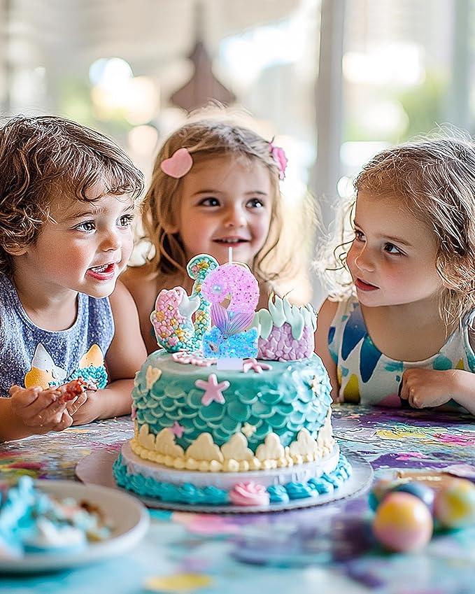 Mermaid Themed Birthday Candles, Number 2 Girls Glitter Birthday Party Supplies,Anniversary Party Decor,2.87 inch Cake Topper Decorations (Mermaid Themed, Number 2)