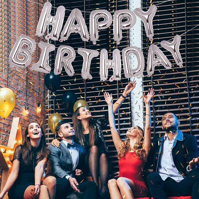 Accevo Silver Happy Birthday Balloon 16 Inch Mylar Foil Letters Balloons Happy Birthday Banner for Kids Child Adults Boys Girls Happy Birthday Sign Birthday Party Decorations Supplies