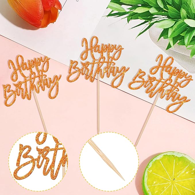 24 PCS Glitter Cupcake Toppers - Happy Birthday & Anniversary Picks - Orange