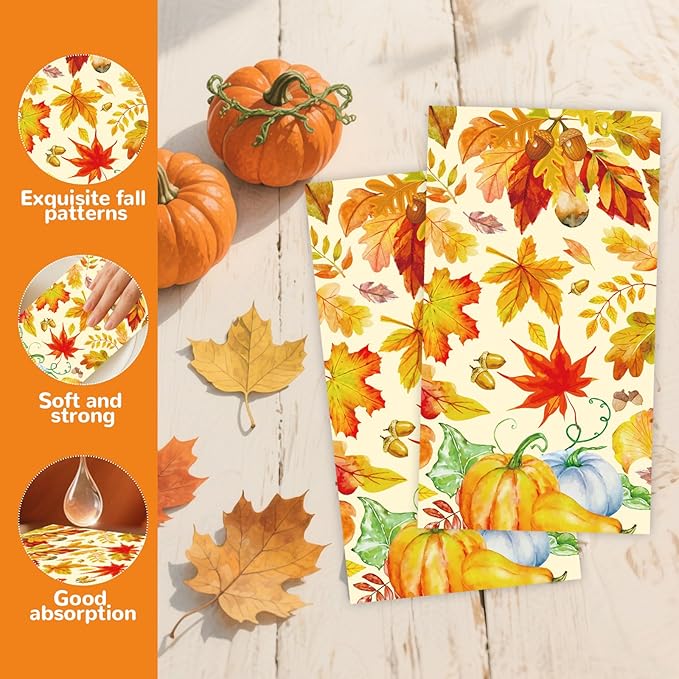 100 Pack Fall Paper Napkins, Autumn Maple Leaves Pumpkin Dinner Party Napkins Disposable Guest Paper Hand Towels Party Supplies for Fall Thanksgiving Harvest Home Dinner Table Bathroom