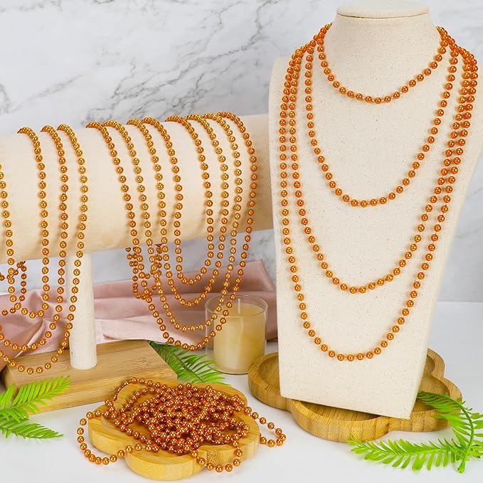 24 PCS Mardi Gras Beads Necklaces, Orange Mardi Gras Party Favors, 33" Metallic Color Round Beaded Costume Necklaces for Parade Throws, Beaded Accessory Set for Carnival Holiday Events