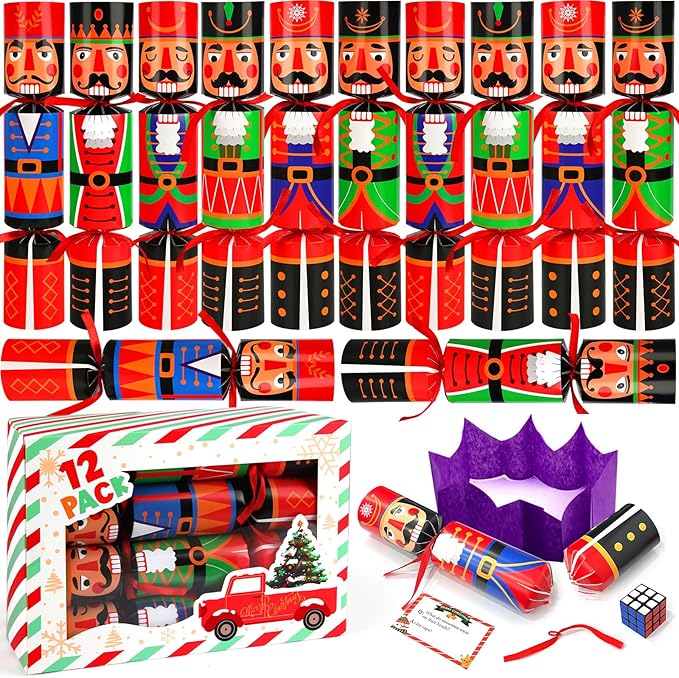 12 Pack Non-Snap Christmas Table Party Favors with Party Hats Joke Little Gifts for Kids Adults, Christmas Cute Nutcracker Characters Design, Xmas Seasonal Holiday Dinner Traditions Supplies