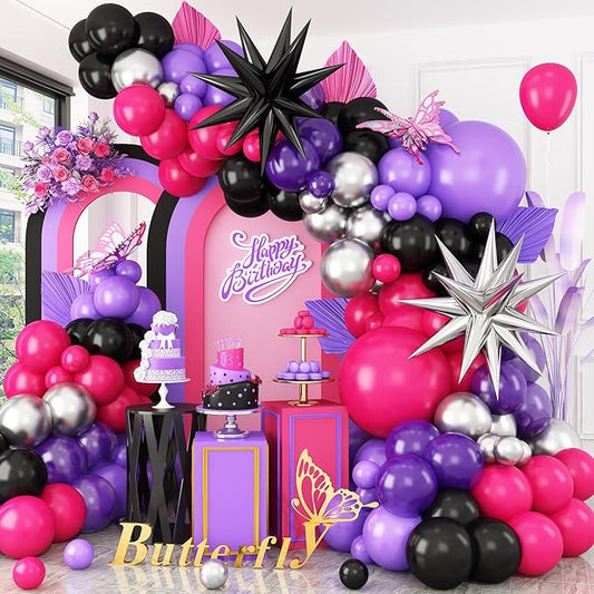 Hot Pink and Purple Balloon Arch Kit, Purple Black Balloon Garland with Star Foil Balloons for Wedding Birthday Graduation Engagement Party Decorations