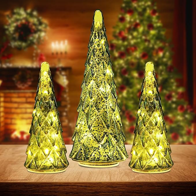 Christmas Decorations Indoor, YEAHOME Set of 3 Pre-lit Green Glass Christmas Tree for Home Decor, Christmas Table Decorations Lighted Xmas Tree with Timer for Living Room Mantel Tabletop Party