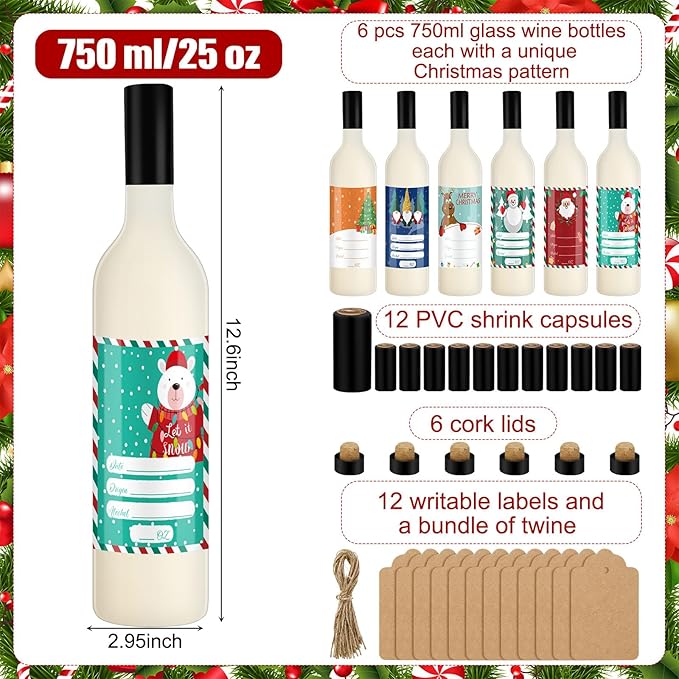 6 Set Coquito Bottles 25 oz Christmas Glass Bottles Brewing Bottles for Homemade Coquito with Christmas Writable Label Stickers Twine Wine Bottles with Airtight Cap for Home Party Milk Eggnog