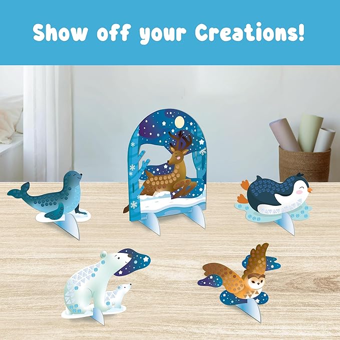 BINCA Foam Sticker Mosaic Art Activity, 750+ 3D Glitter Foam Stickers, 5 Winter Animals with Display Arch, Christmas Stocking Stuffers, DIY Mess-Free Activities, Gifts for Boys & Girls Ages 5,6,7,8
