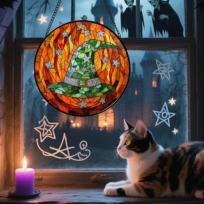 Stained Glass Window Hanging - Halloween Decorations Witch Hat Suncatcher for Doors Garden Indoor Spooky Funny Green Sun Catchers Gothic Decor Horror Gifts for Women Men Friend 15 in