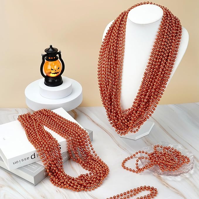 SHAOQINLIN 24 PCS Orange Bead Necklaces, Orange Mardi Gras Beads, Halloween Necklaces, 33‘’ Party Beads Necklace Round Beaded Necklace for Mardi Gras, Christmas, Halloween
