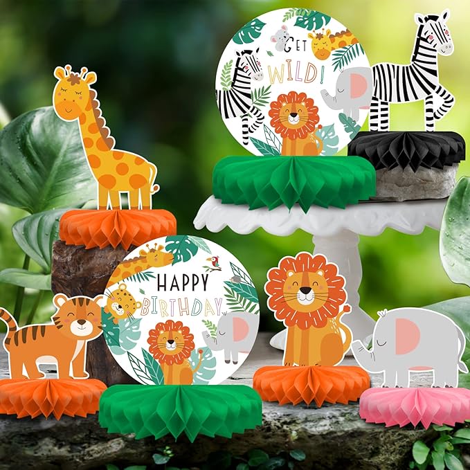 Safari Birthday Decorations Table Centerpiece - Jungle Animals Theme Party Supplies, Honeycomb Table Toppers for Animal Jungle Theme Party Decorations