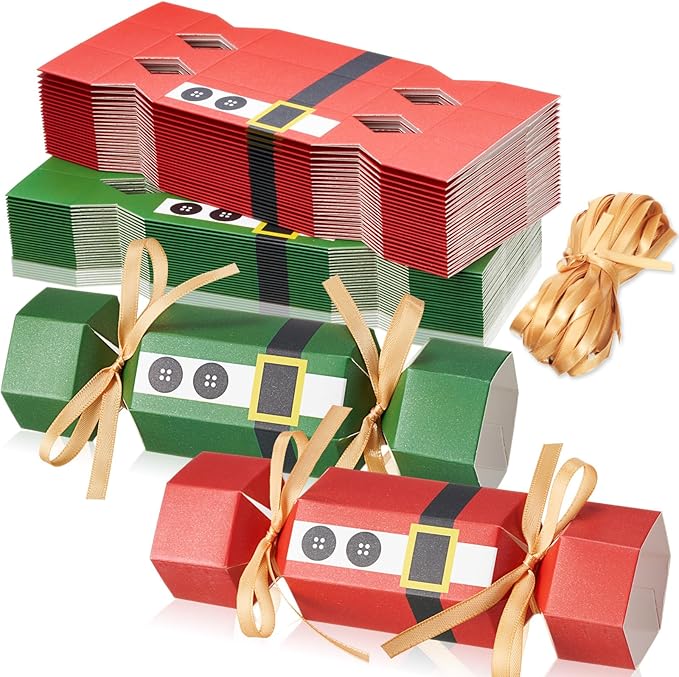 Xinnun 50 Packs Christmas Cracker Kit No Snap Xmas Party Table Favors Snowflake Reindeer DIY Christmas Party Cracker Candy Boxes for Holiday Dinner Decoration Gift(Belt Style)